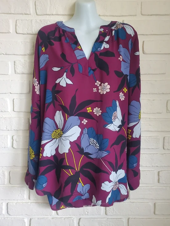 Loft Ann Taylor Flowy Tunic Blouse Long Sleeves Floral Plum Mulberry Wine Med - Picture 2 of 14